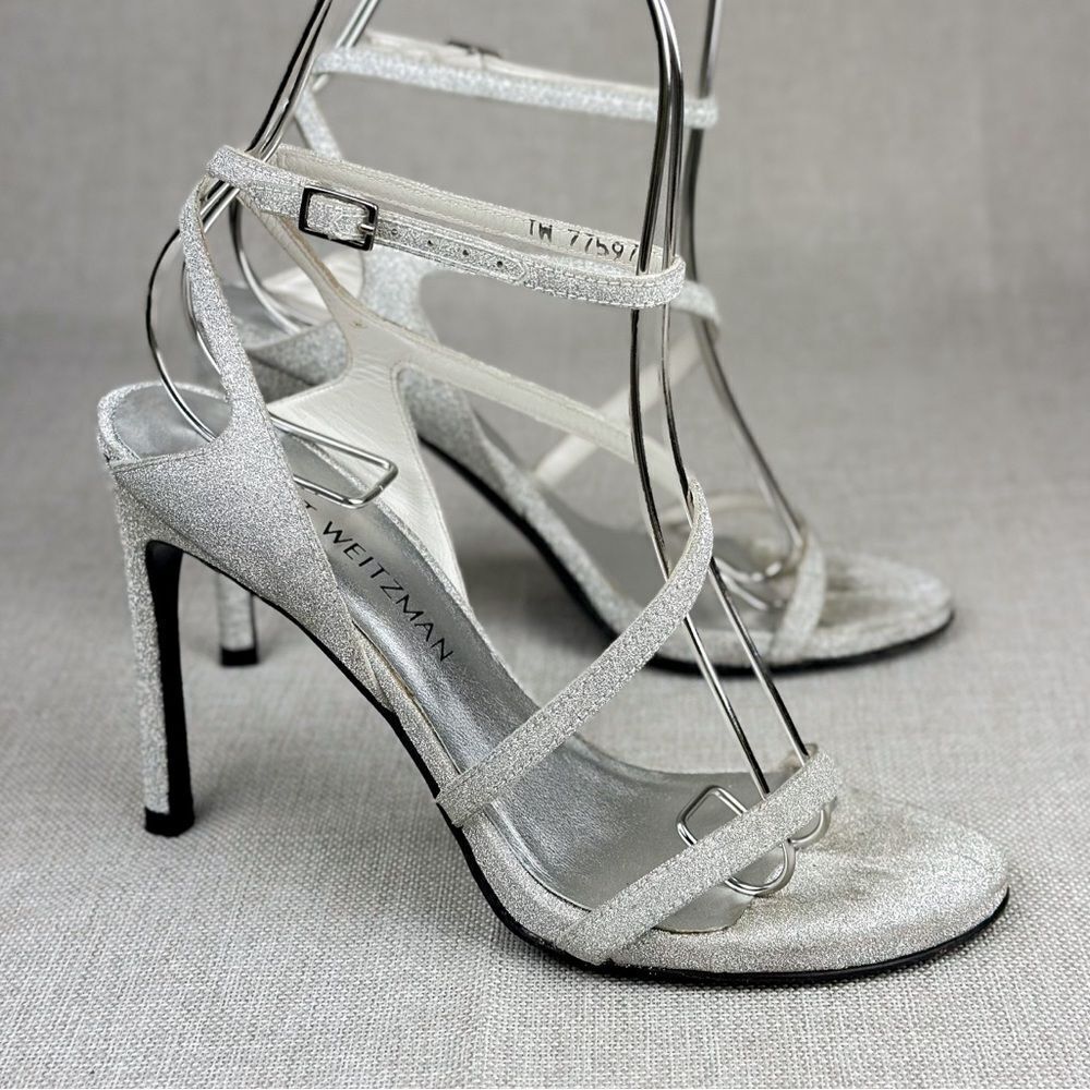 STUART WEITZMAN Sultry Plata Glitterati silver glitter slingback strappy sz 6M